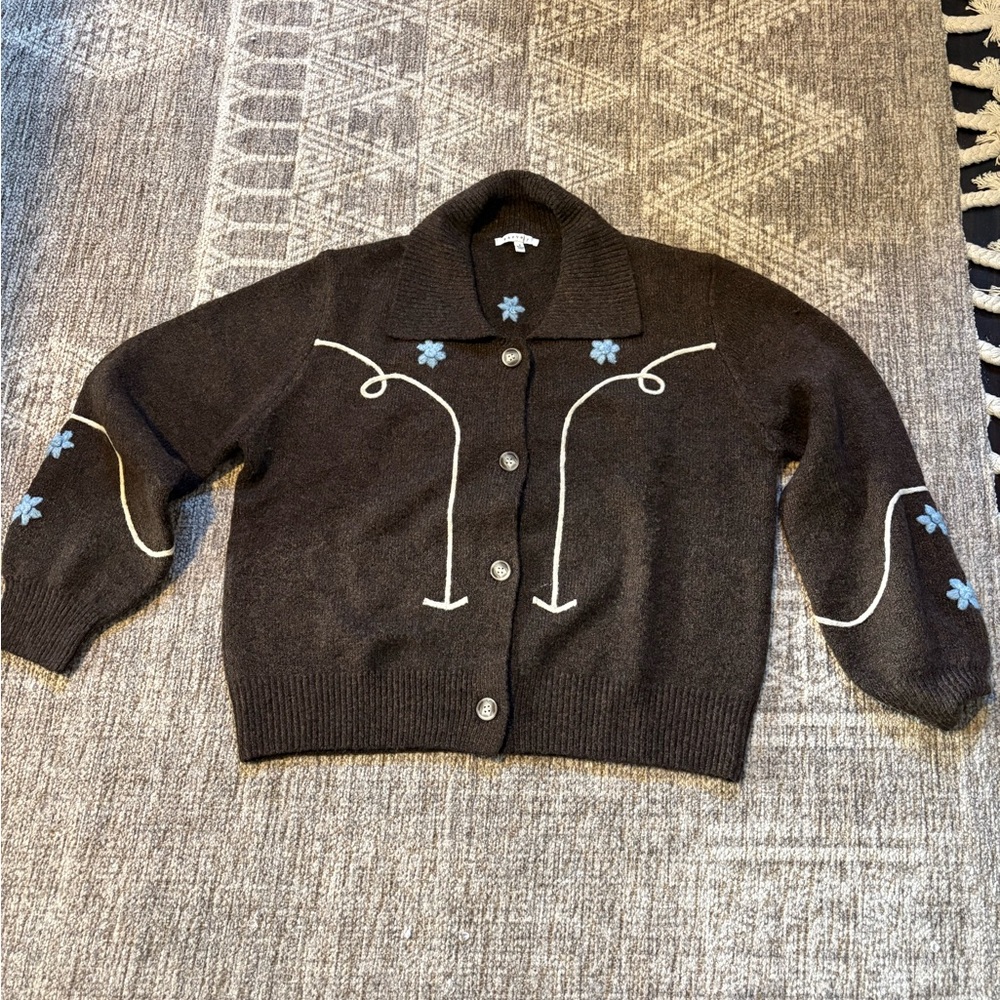 Chic Brown Western Cardigan with Blue Floral Accents